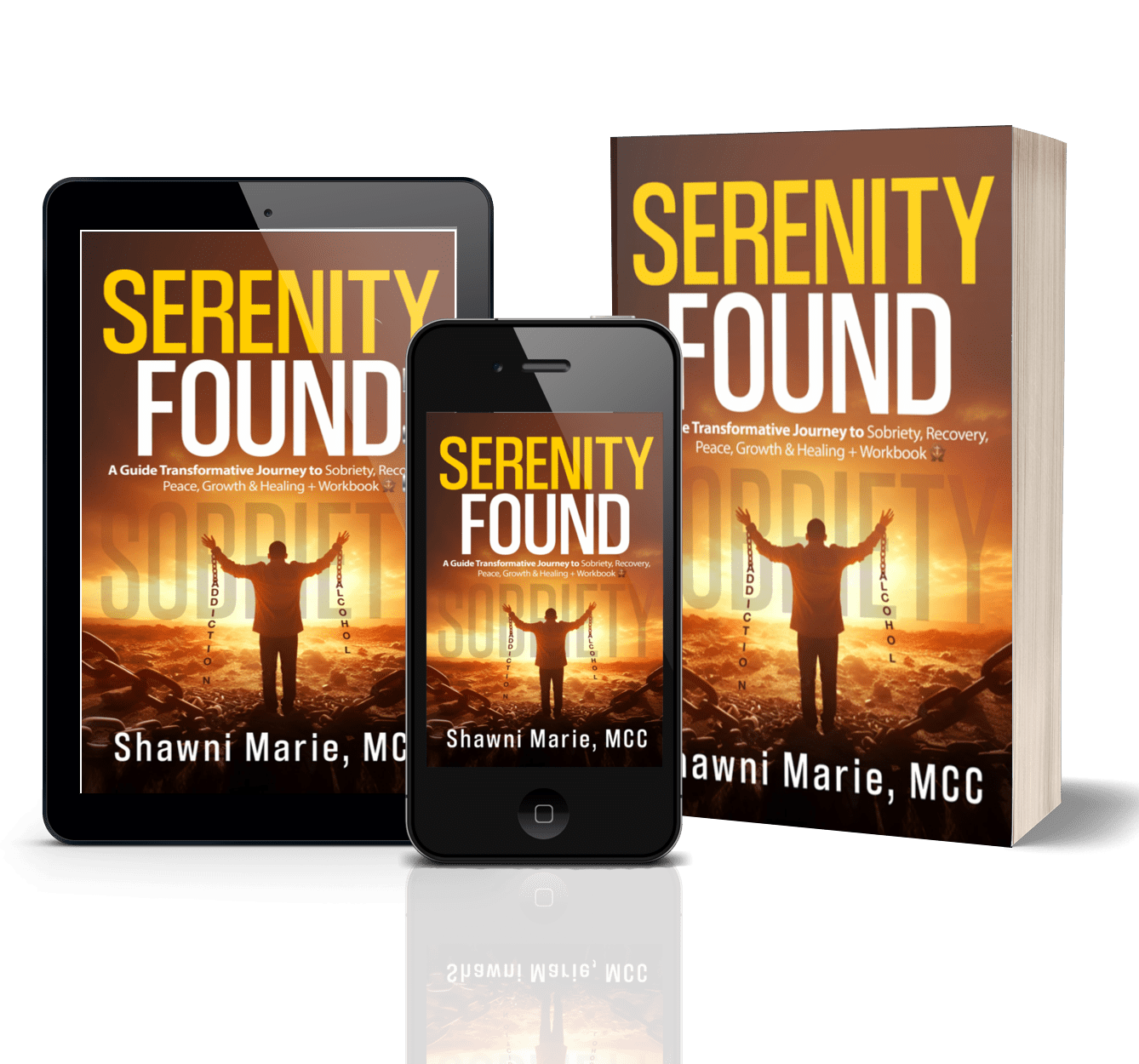 E-book and smartphone display "Serenity Found.