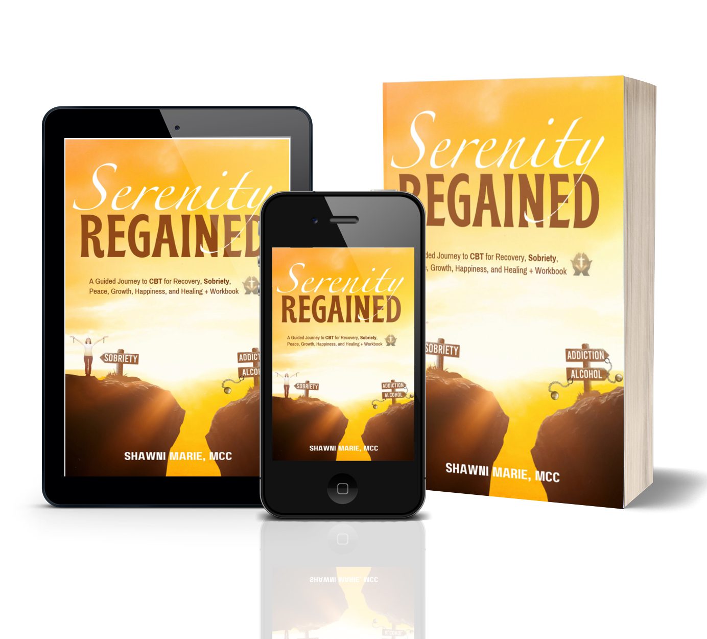 Serenity Regained book on tablet, phone, paperback.