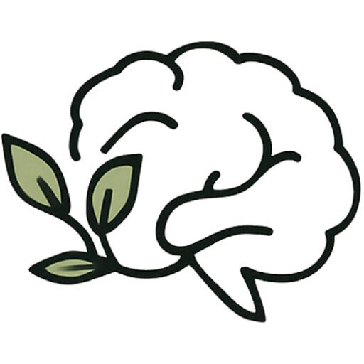 Brain illustration with green leaves.